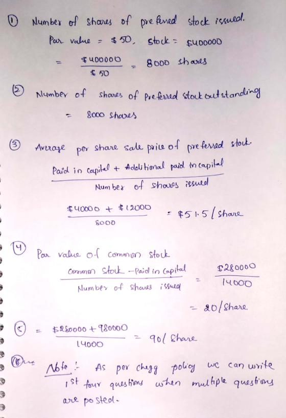 D Number of shares of preferred stock issued. Par value = $50, stock = suooooo $100000 8000 shares $50 3 Preferred stock outs