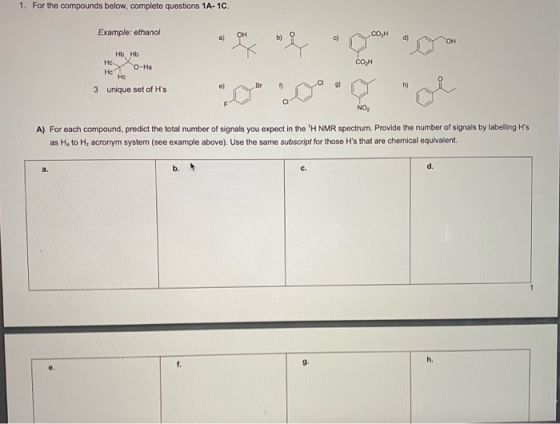 1. Pof the compounds below, complete questions 1A-1C. Example: ethanol HD, Hb O-Ha COM He Ho 3 unique set of Hs A) For each