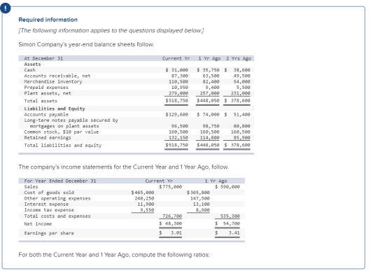 Required information [The following information applies to the questions displayed below.) Simon Companys year-end balance s