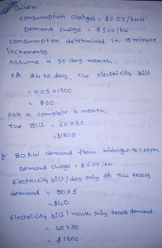 olella Given consumption charges - $0.05/KWH Demand charge - $5.00/kW na consumption determined in 15 minute increments. Assu