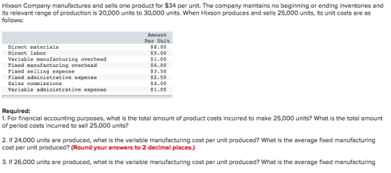 Hixson Company manufactures and sells one product for $34 per unit. The company maintains no beginning or ending inventories and its relevant range of production is 20,000 units to 30,000 units. When Hixson produces and sells 25,000 units, its unit costs are as follows: Direct materials Direct labor Variable manufacturing overhead Fixed manufacturing overhead Fixed selling expense Fixed administrative expense Sales commissions Variable administrative expense Amount Per Unit $8.00 $5.00 $1.00 $6.00 $3.50 $2.50 $4.00 $1.00 Required: 1. For financial accounting purposes, what is the total amount of product costs incurred to make 25,000 units? What is the total amount of period costs incurred to sell 25,000 units? 2. If 24,000 units are produced, what is the variable manufacturing cost per unit produced? What is the average fixed manufacturing cost per unit produced? (Round your answers to 2 decimal places.) 3. If 26,000 units are produced, what is the variable manufacturing cost per unit produced? What is the average fixed manufacturing