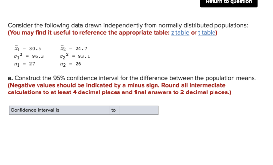 Return to question Consider the following data drawn independently from normally distributed populations: (You may find it us