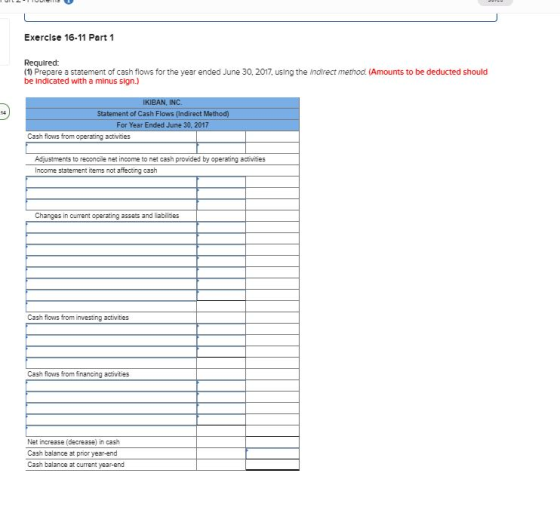 Exercise 16-11 Part 1 Required: (1) Prepare a statement of cash flows for the year ended June 30, 2017, using the indirect method. (Amounts to be deducted should be indicated with a minus sign.) KIBAN, INO. Statement of Cash Flows (Indirect Method) For Year Ended June 30, 2017 Cash flows from operating activities Adjustments to reconcile net income to net cash provided by operating activities Income statement items not affecting cash Changes in current operating assets and iabilities Cash flows from investing activities Cash flows from financing activities Net increase (decrease) in cash Cash balance at prior year-end Cash balance at current year-end