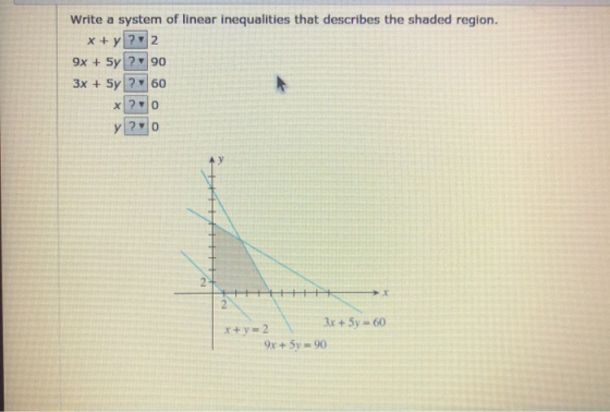 Write a system of linear inequalities that describes the shaded region. x+y ? 2 9x + 5y ? 90 3x + 5y ? 60 x?ro y20 + HHHHHH x
