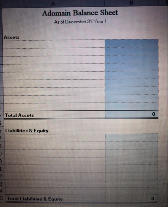 Adomain Balance Sheet As of December 31, Year 1 Assets + Total Assets 5 Liabilities & Equity B . mst 5 Total Liabilities & Eq