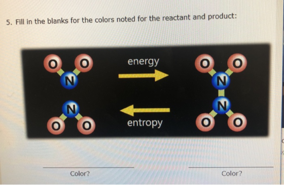 5. Fill in the blanks for the colors noted for the reactant and product: energy entropy Color? Color?