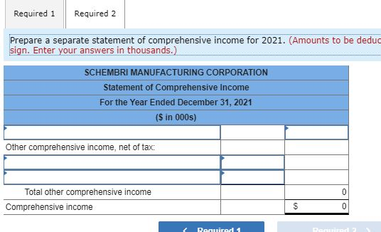 Required 1 Required 2 Prepare a separate statement of comprehensive income for 2021. (Amounts to be deduc sign. Enter your an