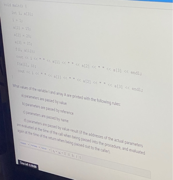 void main() int i, alili all) = 15; a12) = 20; a[3) = 25; fii, alilli cout <i«« all) << « a[2] << << a[3] << endl;