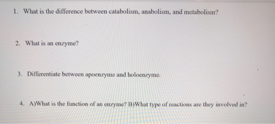1. What is the difference between catabolism, anabolism, and metabolism? 2. What is an enzyme? 3. Differentiate between apoen