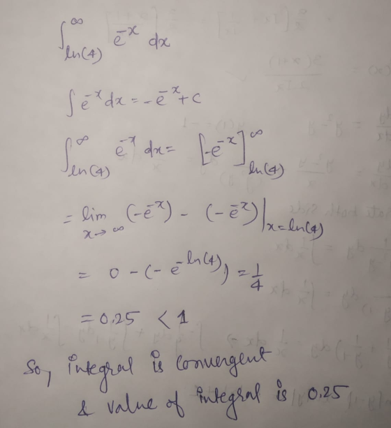 30 fence et de Sex dx = - e te Since et de Lea en C4) Ixalula) lim (em) - (-3). eln(t)) = 2 o-(- 4 = 0,25 < 1 So, integral is