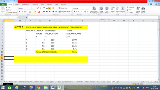 Home nert Page Layout Formulas Data Review View dd-Ins Σ AutoSum Cut ー E ゴWrap Text Sort &Find & Conditional Format CeInsert Delete Format Formatting, as Table w styles. ▼ ㆆ ▼ 2 ClearFe Select Edting ta copy ▼ в 1 프 . Ej-., Δ. : rーー 逻锂函Merge & Center. $, % , 弼,8 C Format Painter Cells Number Alignment Clipboard し12 Formula Bar TOTAL LABOUR HOURS AVAILABLE IN WELDING DEPARTMENT PRODUCT LABOUR BUDGETED NOTE 1 TOTAL LABOUR HOURS XPY HOURS PRODUCTION 250 250 250 250 1000 1125 1125 875 4125 4.5 3.5 10 TOTAL LABOUR HOURS = 12 13 14 15 16 17 18 19 CRDIT POLICY RATIO/CCAI CVP show -BEP MDURATION . MULTIPLE GROWTH , RR-NR-BOND ( loan 08-01-2019
