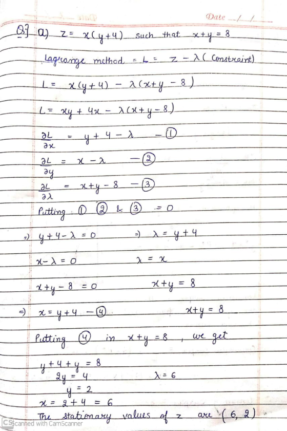 Date -- Dj_a)_23_264+4) Such that. _x+y = 3 ах ar 7. Lagrange method - b: 2-AC constraint) Lex(4+4) – a (x+y=8) -L= xy +43L-1