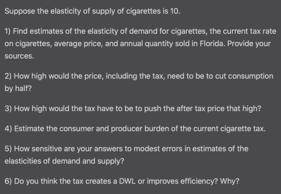 Suppose the elasticity of supply of cigarettes is 10. 1) Find estimates of the elasticity of demand for cigarettes, the curre