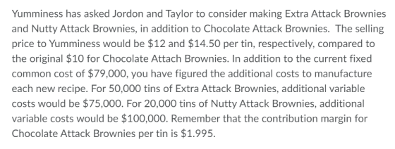 Yumminess has asked Jordon and Taylor to consider making Extra Attack Brownies and Nutty Attack Brownies, in addition to Choc