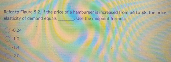 Refer to Figure 5.2. If the price of a hamburger is increased from $6 to $8, the price elasticity of demand equals Use the mi