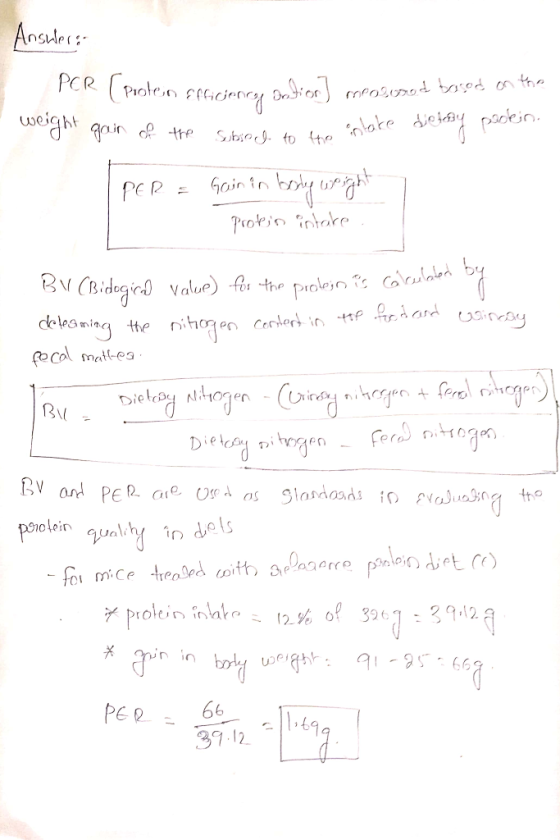 Ansuler PCR (protein efficiency ortion] neodorod based on the weight gain of the subject to the intake and I PER = Gain in bo