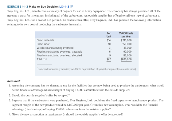 EXERCISE 11-3 Make or Buy Decision LO11-30 Troy Engines, Ltd., manufactures a variety of engines for use in heavy equipment.