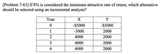 [Problem 7-63] If 8% is considered the minimum attractive rate of return, which alternative should be selected using an incre