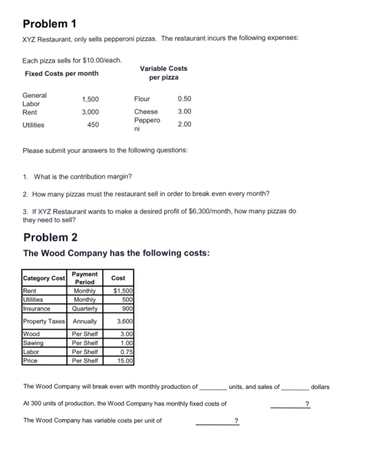 Problem 1 XYZ Restaurant, only sells pepperoni pizzas. The restaurant incurs the following expenses: Each pizza sells for $10