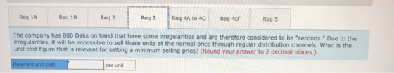 Reg 1A Reg 18 Reg 2 Req 3 Req 4A to 4C Req 4D Reg 5 The company has 800 Daks on hand that have some irregularities and are th
