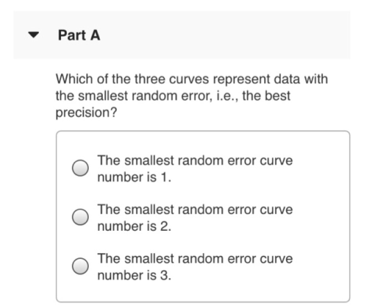 ▼ Part A Which of the three curves represent data with the smallest random error, i.e., the best precision? O The smallest random error curve number is 1 The smallest random error curve number is 2. The smallest random error curve number is 3.