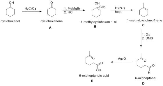 ОН LCH3 H2Cr04 1. MeMgBr H3PO4 heat 2. HCI cyclohexanol cyclohexanone 1-methylcyclohexan-1-ol 1-methylcyclohex-1-ene 1. 03 2.