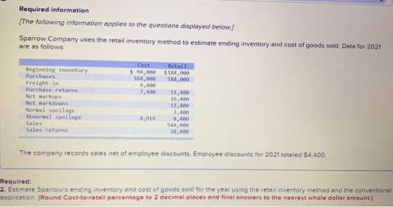 Required information [The following information applies to the questions displayed below.) Sparrow Company uses the retail in