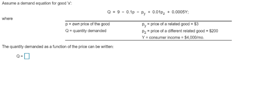 Assume a demand equation for goodx: where pown price of the good Q-quantity demanded Py price of a related good $3 Pz price of a different related good $200 Y = consumer income = $4,000/mo The quantity demanded as a function of the price can be written: