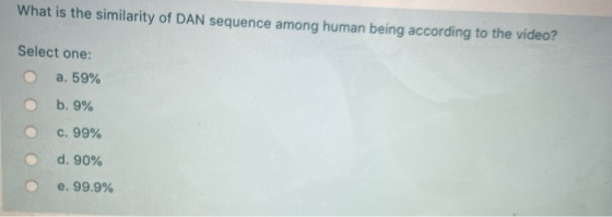 What is the similarity of DAN sequence among human being according to the video? Select one: a. 59% b. 9% c. 99% d. 90% e. 99