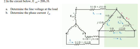 2.In the circuit beloW, E 4 208 20. 0111+/0.1.0 a. Determine the line voltage at the load b. Det ermine the phase current EAN