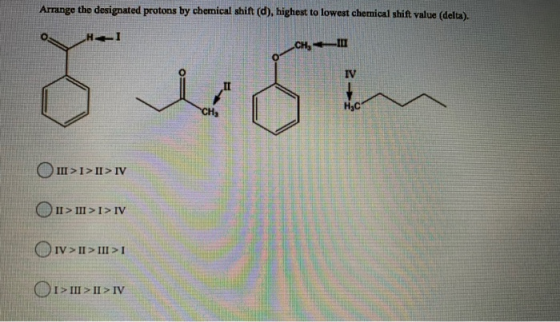 Arrange the designated protons by chemical shift (d), highest to lowest chemical shift value (delta). HI CH, IV 3 CHE Hoc OH>