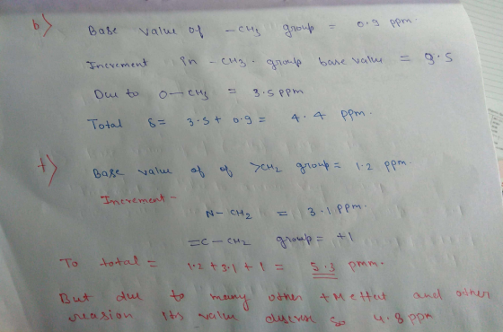 Base value of – CH₂1 group = 0.9 ppm. = 9.5 Increment Due to in - CH3 group bare valm o CH = 3.5ppm = 3.5+ 0.g= 4.4 ppm. Tota
