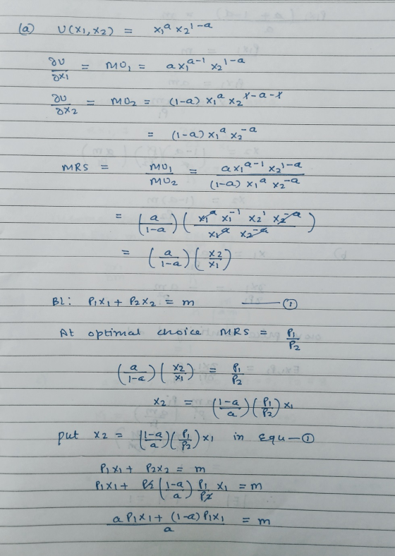 (a) UCXI,X2) = x,a xal-a ov - Mo, ax4-1 x, -а OX1 ao - mor= (1-2) X, 9 x2 t-a-1 = (1-2) X, 9 xz a MRS = - мо, MU2 ax,- х-4 (