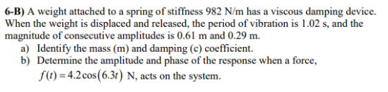 6-B) A weight attached to a spring of stiffness 982 N/m has a viscous damping device. When the weight is displaced and releas