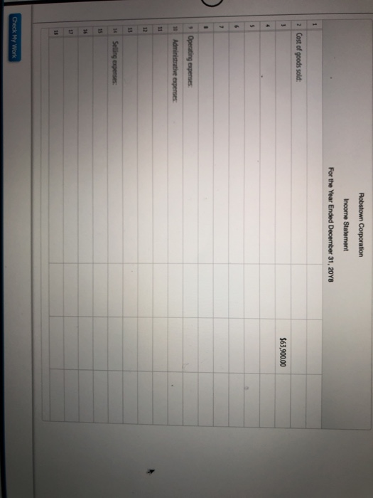Robstown Corporation Income Statement For the Year Ended December 31, 2048 2 Cost of goods sold: $63,900.00 Operating expense