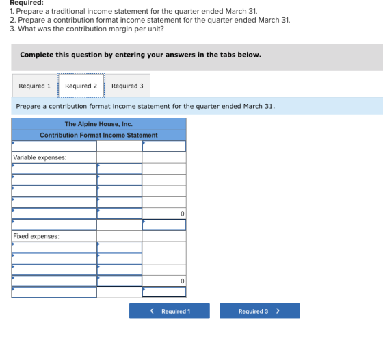 Required: 1. Prepare a traditional income statement for the quarter ended March 31. 2. Prepare a contribution format income s