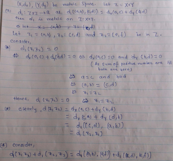 e metric Space. than is metric on Z xxY. Congidey As sum at potitive mumber are tt both are zero C and bd са ( consider