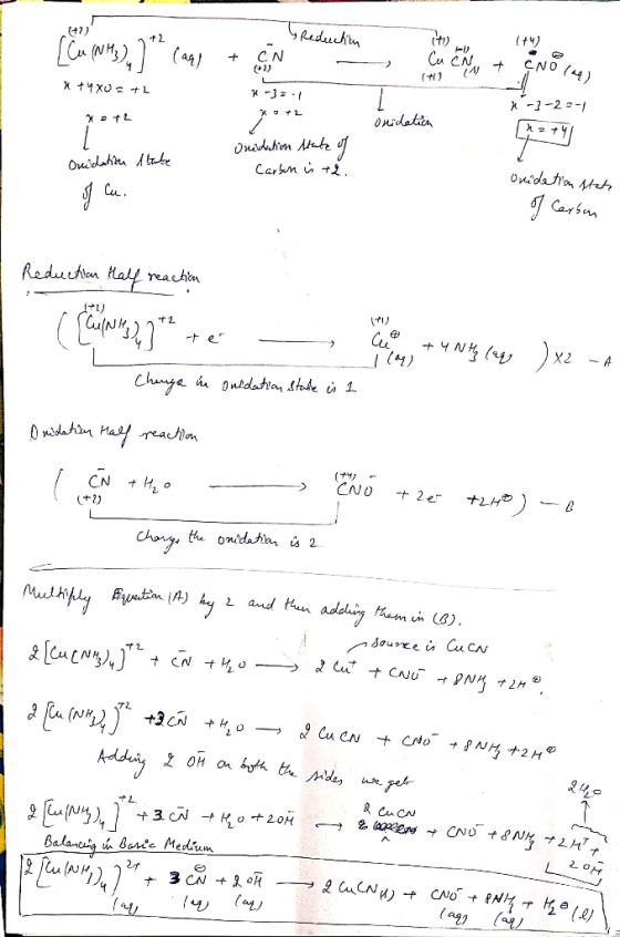 Reduction co (+4 (NH3), 7 (aq) + CN + CN - Cu CM, + No lag, + CNO (4 n tu xu = +2 1-3 . 23+2 *-3-22-1 22 +2 Onidation state O