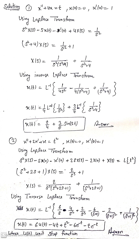 Solution © x+4x = t ,x(0)=0, x(o)=1 Using Laplace Transfrom $*X(5) – 5 ulo) – sk!(0) + 4XIS) - 2 ($%+4)x(3) = get XIS) = lo