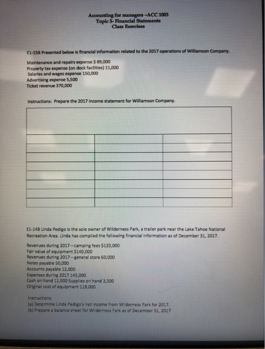 Accounting for managers -ACC 1003 Topic 5- Financial Statements Class Exercises E1-15B Presented below is financial informati