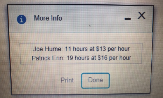 1 More Info Joe Hume: 11 hours at $13 per hour Patrick Erin: 19 hours at $16 per hour PrintDone