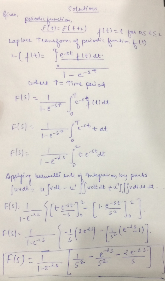 solution Given, peliolic function, f(t)=f(t+2) f(t) = t for os tsa Laplace Teansform of periodic function of it) L(+14) Test