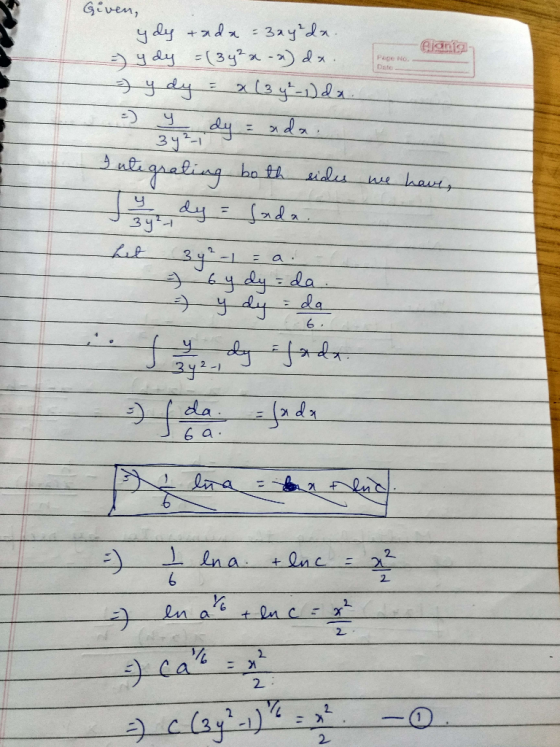 Given, ydy tada - Bayrda. = y dy =(34²x -x) dx. Gjania Page No. شده و قلعفو som dy = xda. Integrating both sides we have et 3