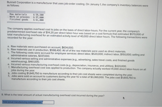 Bunnell Corporation is a manufacturer that uses job-order costing. On January 1, the companys inventory balances were as fol