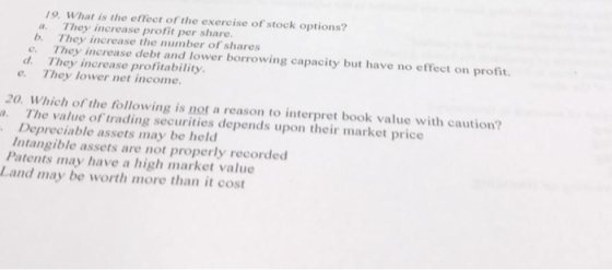 19. What is the effect of the exercise of stock options? They increase profit per share. b. They increase the number of share