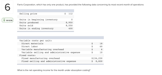 Farris Corporation, which has only one product, has provided the following data concerning its most recent month of operation
