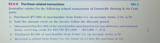 EX 6-8 Purchase-related transactions OBJ. 2 Journalize entries for the following related transactions of Greenville Heating &