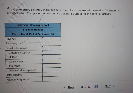 1. The Gourmand Cooking School expects to run four courses with a total of 64 students in September. Complete the companys p