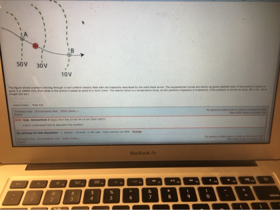 50 V 30 V 10V The figure shows a preton moving through a non-uniform electric field with the trajectory described by the sold