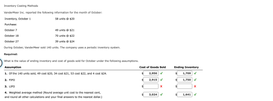 Inventory Costing Methods VanderMeer Inc. reported the following information for the month of October: Inventory, October 1 5